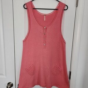 Free People Coral Pink Knit Tunic Sleeveless Henley Crochet Pockets Large
